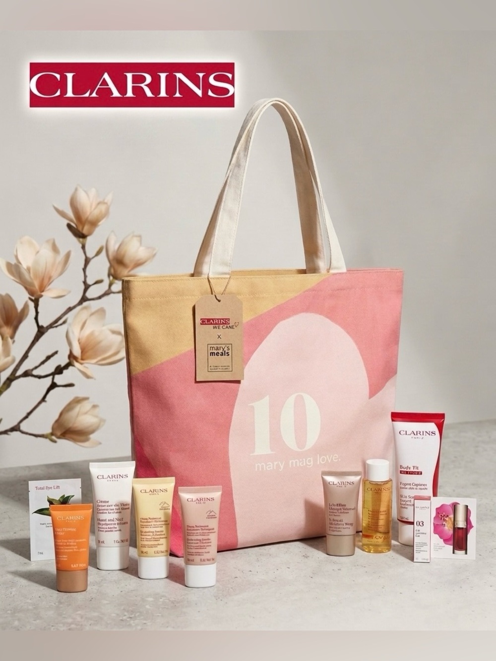 Clarins Pink & Beige Canvas Tote with Assorted Skincare Mini’s Set
